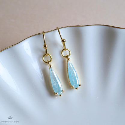 Blue Teardrop Sparkle Earrings, Light Blue Dangle Earrings Gold Drop Earrings Dainty Glitter Jewelry, Sensitive Ear & Clip-On Options