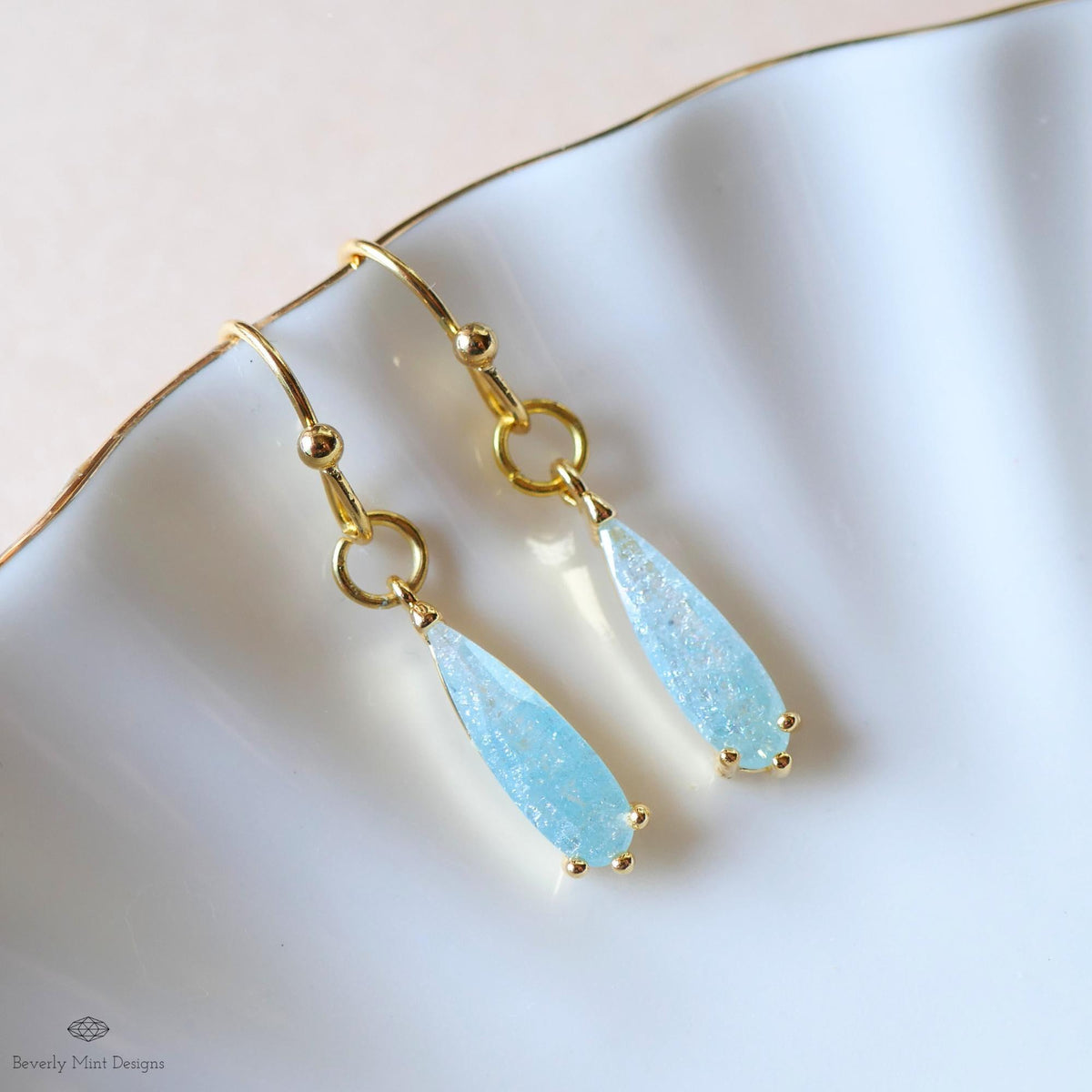 Blue Teardrop Sparkle Earrings, Light Blue Dangle Earrings Gold Drop Earrings Dainty Glitter Jewelry, Sensitive Ear & Clip-On Options