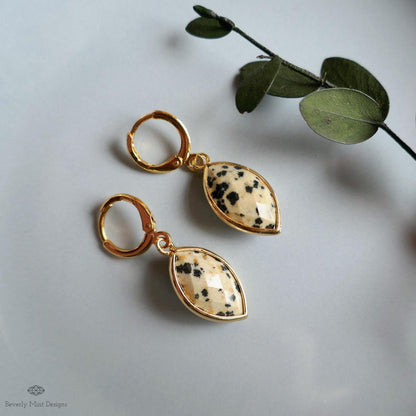 Dalmatian Jasper Hoop Earrings, Leopard Pattern Stone Earrings, Marquise Drop Earrings, Boho Jewelry, Sensitive Ear & Clip-On Options