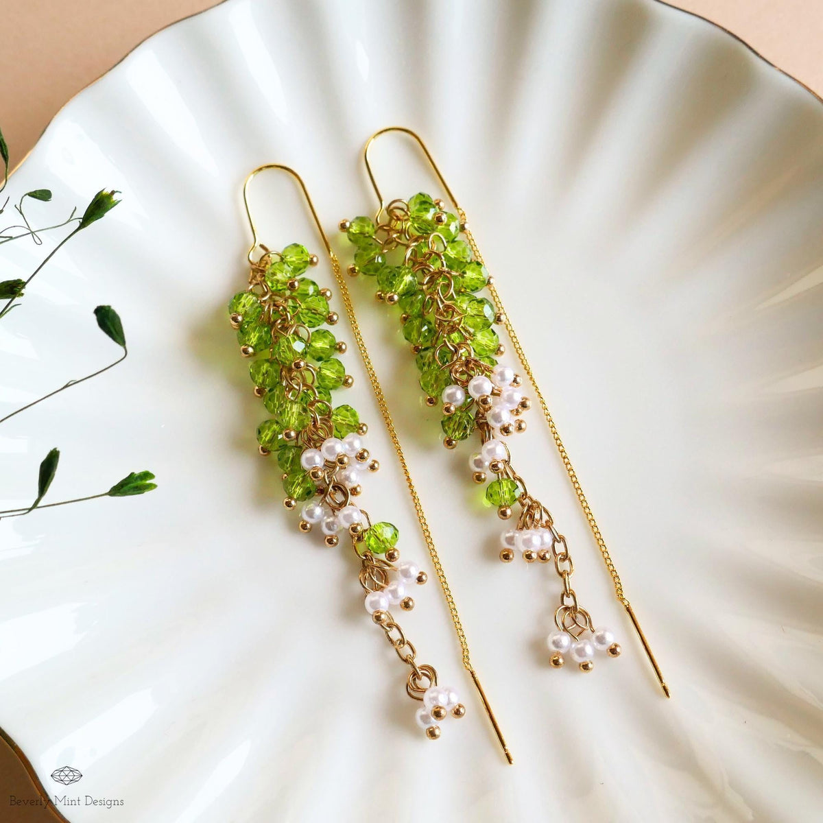 Green Beaded Dangle Earrings with Pearls Gold Chain Earrings Handmade Statement Jewelry Spring Bridal Gift, Sensitive Ear & Clip-On Options