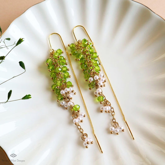 Green Beaded Dangle Earrings with Pearls Gold Chain Earrings Handmade Statement Jewelry Spring Bridal Gift, Sensitive Ear & Clip-On Options