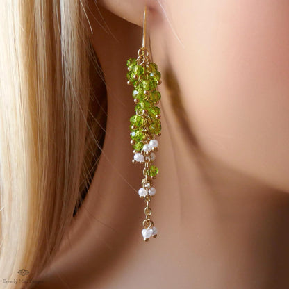 Green Beaded Dangle Earrings with Pearls Gold Chain Earrings Handmade Statement Jewelry Spring Bridal Gift, Sensitive Ear & Clip-On Options