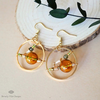 18K Gold Retro Earrings, Unique Drop Earrings, Yellow Glass Bubble Earrings, Unique Dangle Earrings, Long Drop Earrings