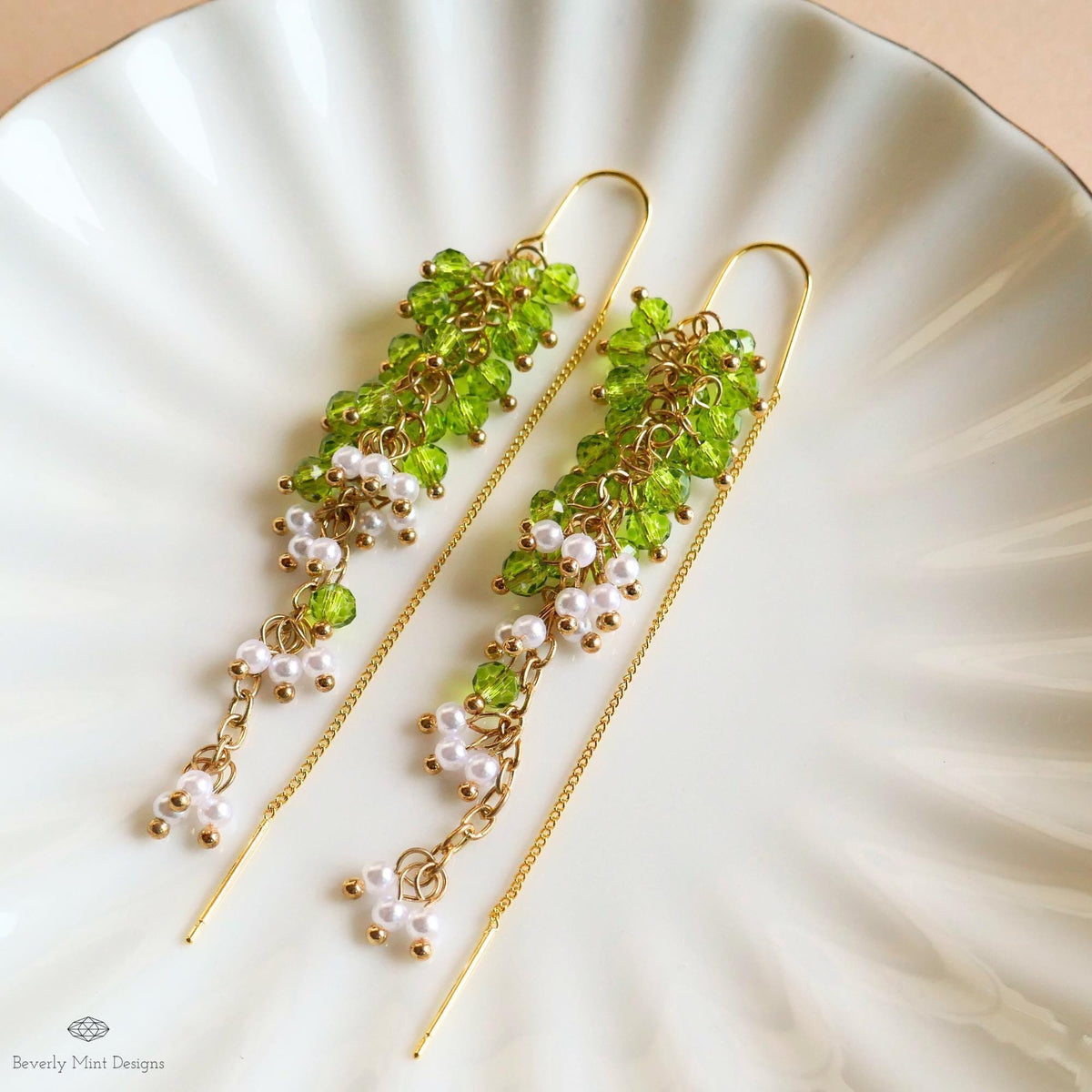 Green Beaded Dangle Earrings with Pearls Gold Chain Earrings Handmade Statement Jewelry Spring Bridal Gift, Sensitive Ear & Clip-On Options