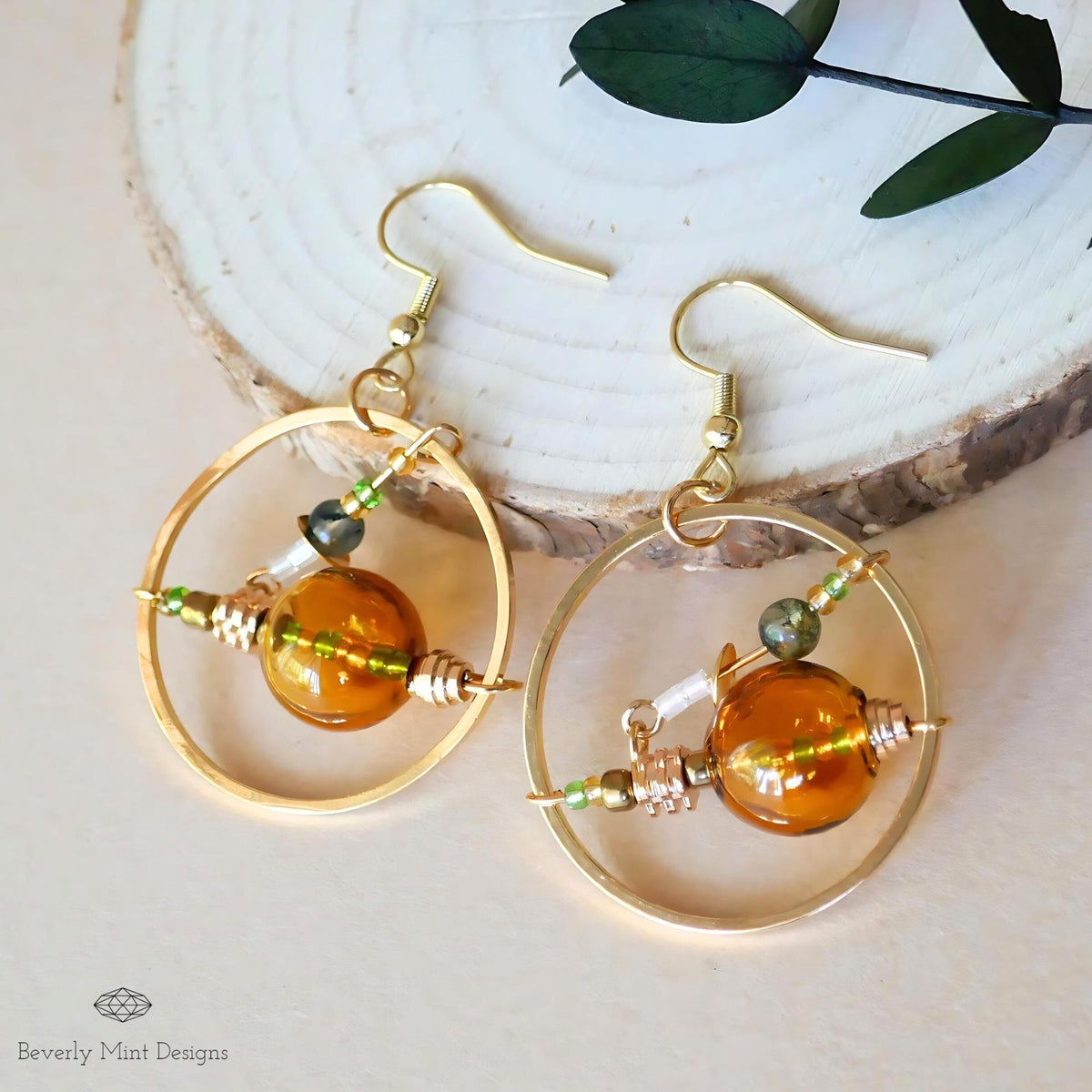 18K Gold Retro Earrings, Unique Drop Earrings, Yellow Glass Bubble Earrings, Unique Dangle Earrings, Long Drop Earrings