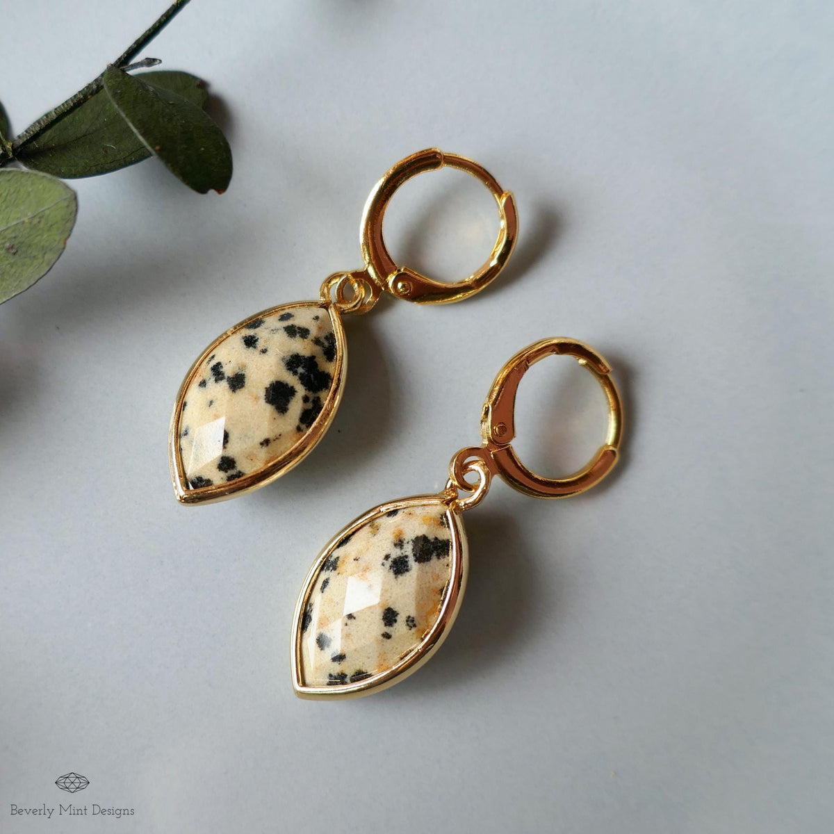 Dalmatian Jasper Hoop Earrings, Leopard Pattern Stone Earrings, Marquise Drop Earrings, Boho Jewelry, Sensitive Ear & Clip-On Options