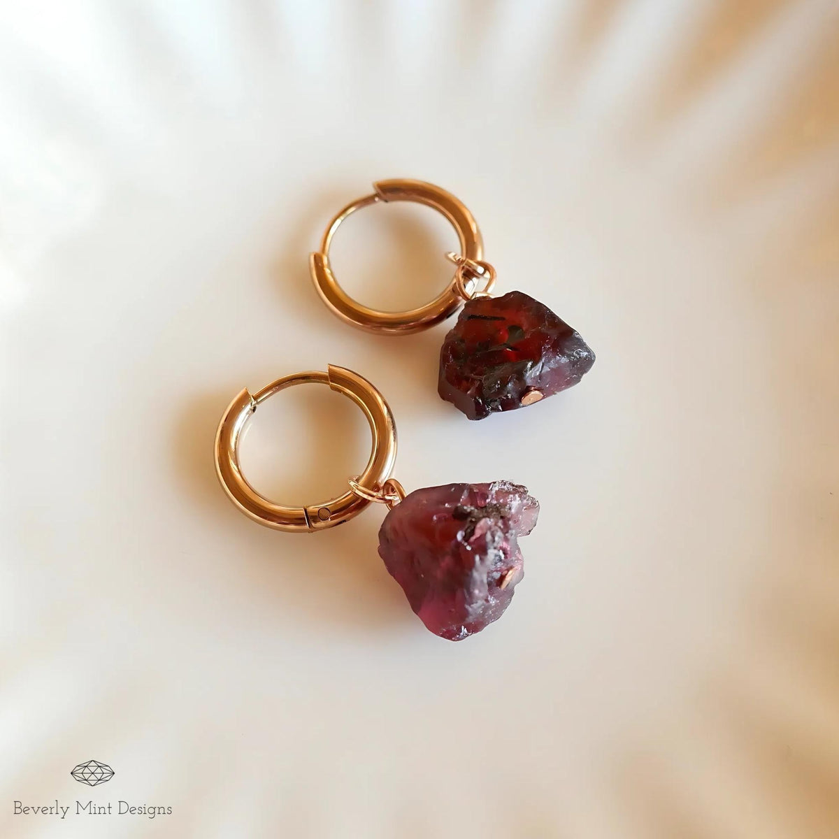 Red Raw Stone Earrings, Rose Gold Huggie Hoop Earrings with January Birthstone, Raw Garnet Stone Earrings , Red Earrings , Chakra Stone Gift