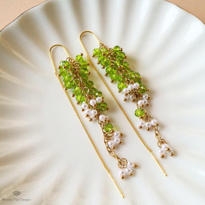 Green Beaded Dangle Earrings with Pearls Gold Chain Earrings Handmade Statement Jewelry Spring Bridal Gift, Sensitive Ear & Clip-On Options