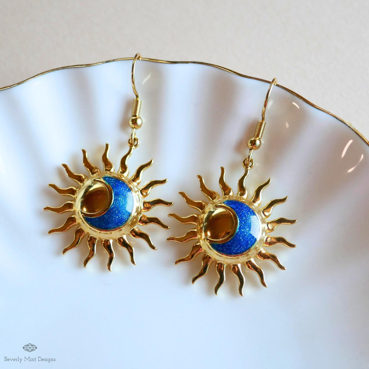Gold Sun and Moon Earrings, Celestial Dangle Earrings, Boho Cosmic Jewelry, Minimalist Festival Accessories, Sensitive Ear & Clip-On Options