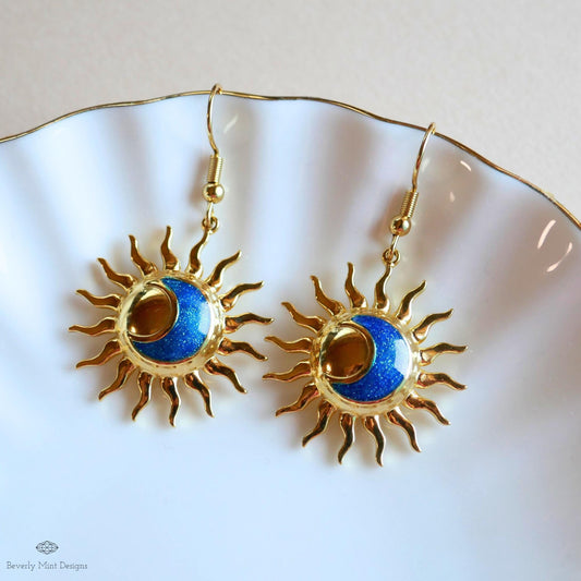 Gold Sun and Moon Earrings, Celestial Dangle Earrings, Boho Cosmic Jewelry, Minimalist Festival Accessories, Sensitive Ear & Clip-On Options
