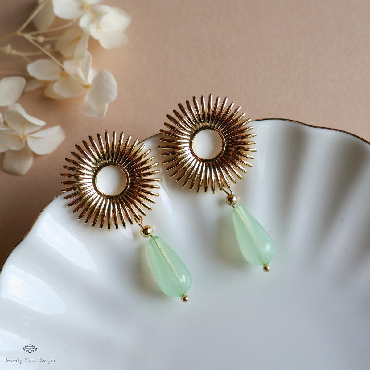 Sunburst Drop Earrings , Gold Statement Earrings with Green Teardrop Beads, Art Deco Boho Jewelry, Retro Vintage Style Gift