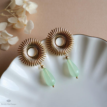 Sunburst Drop Earrings , Gold Statement Earrings with Green Teardrop Beads, Art Deco Boho Jewelry, Retro Vintage Style Gift