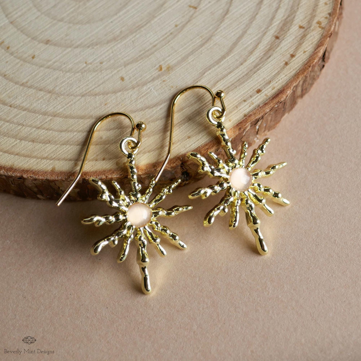 Sun Earrings, Gold Sunburst Earrings with Light Pink Stone, Celestial Boho Jewelry, Sensitive Ear & Clip-On Options
