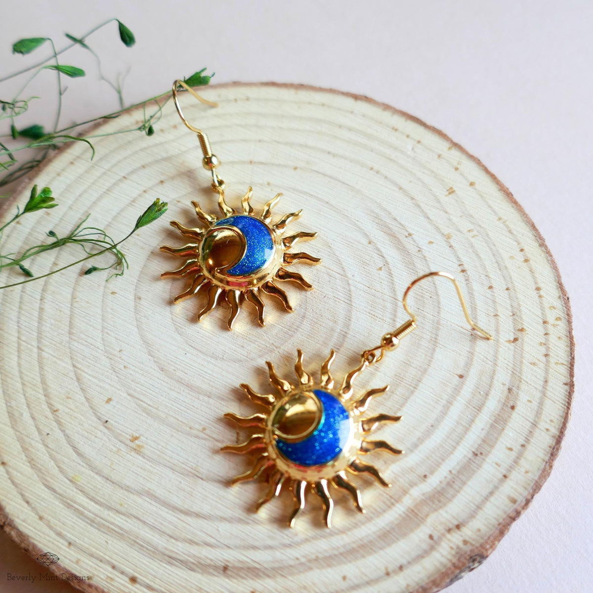 Gold Sun and Moon Earrings, Celestial Dangle Earrings, Boho Cosmic Jewelry, Minimalist Festival Accessories, Sensitive Ear & Clip-On Options