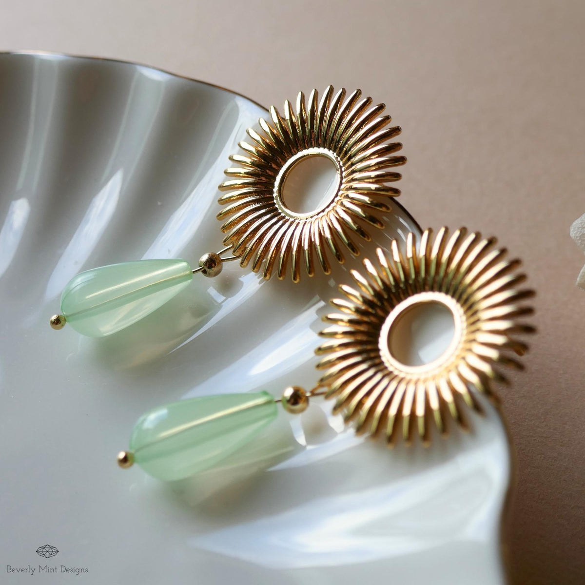 Sunburst Drop Earrings , Gold Statement Earrings with Green Teardrop Beads, Art Deco Boho Jewelry, Retro Vintage Style Gift