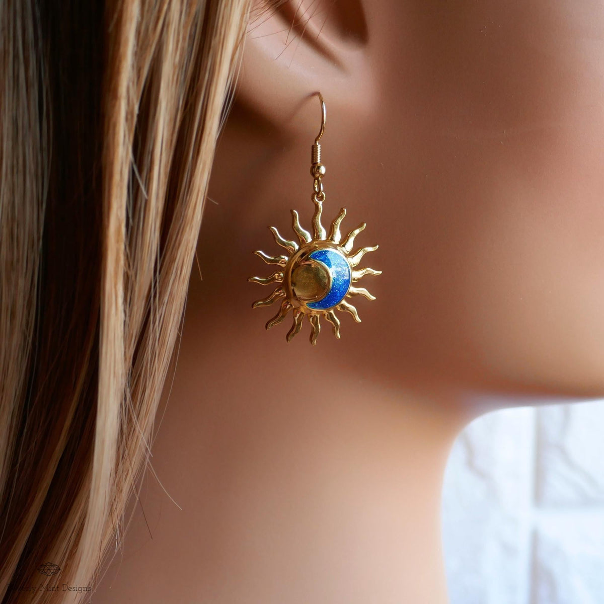 Gold Sun and Moon Earrings, Celestial Dangle Earrings, Boho Cosmic Jewelry, Minimalist Festival Accessories, Sensitive Ear & Clip-On Options