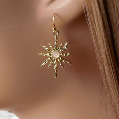 Sun Earrings, Gold Sunburst Earrings with Light Pink Stone, Celestial Boho Jewelry, Sensitive Ear & Clip-On Options