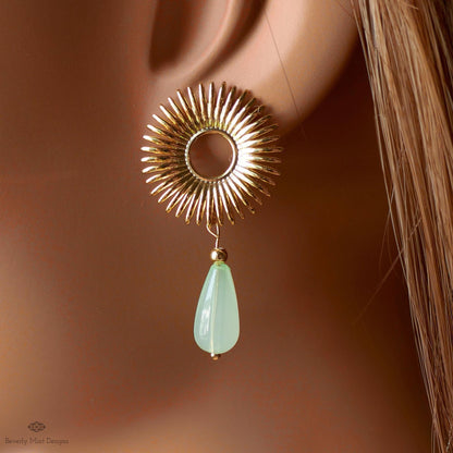 Sunburst Drop Earrings , Gold Statement Earrings with Green Teardrop Beads, Art Deco Boho Jewelry, Retro Vintage Style Gift