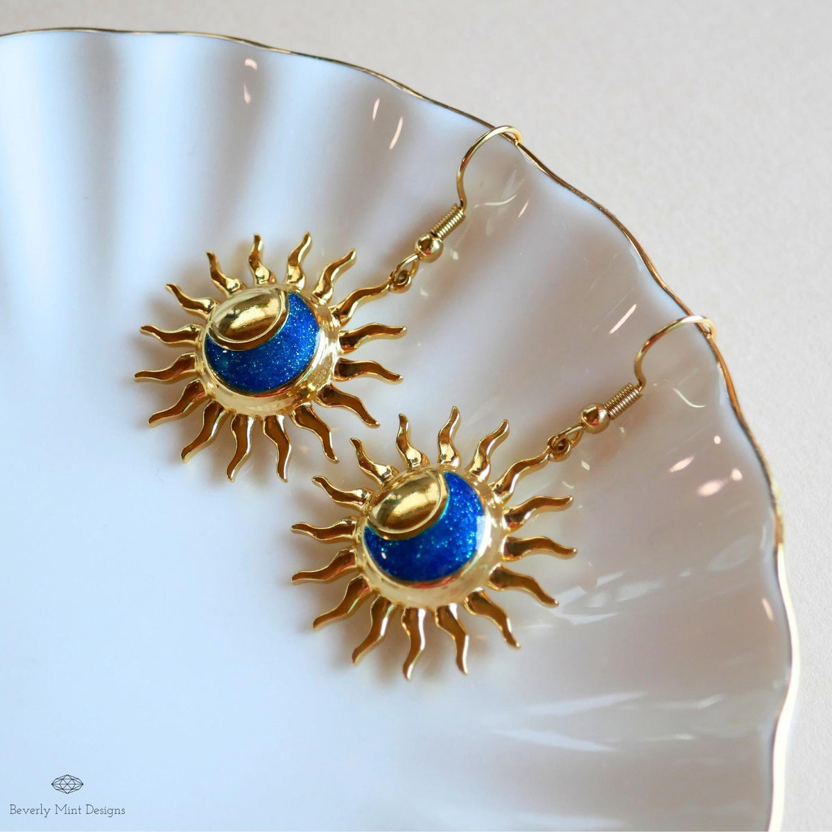 Gold Sun and Moon Earrings, Celestial Dangle Earrings, Boho Cosmic Jewelry, Minimalist Festival Accessories, Sensitive Ear & Clip-On Options