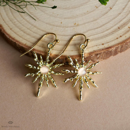 Sun Earrings, Gold Sunburst Earrings with Light Pink Stone, Celestial Boho Jewelry, Sensitive Ear & Clip-On Options