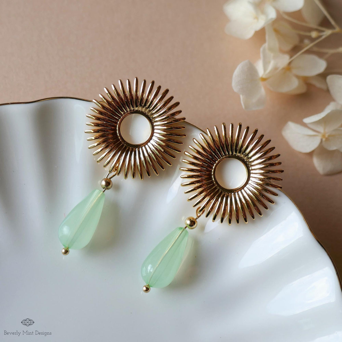Sunburst Drop Earrings , Gold Statement Earrings with Green Teardrop Beads, Art Deco Boho Jewelry, Retro Vintage Style Gift