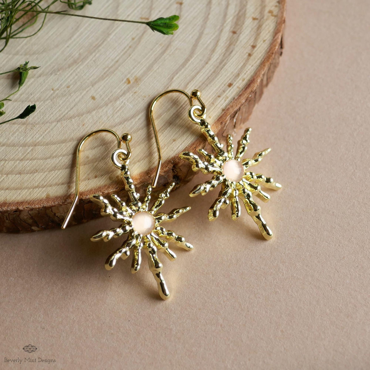 Sun Earrings, Gold Sunburst Earrings with Light Pink Stone, Celestial Boho Jewelry, Sensitive Ear & Clip-On Options