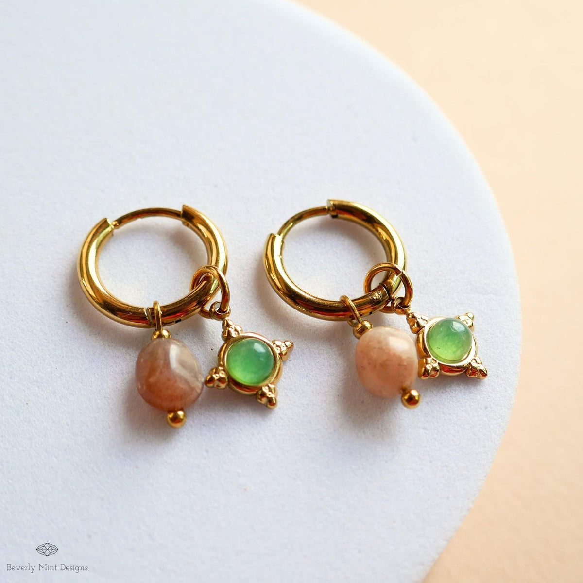 Sunstone and Green Charm Hoops, Gold Huggie Earrings, Dainty Drop Jewelry