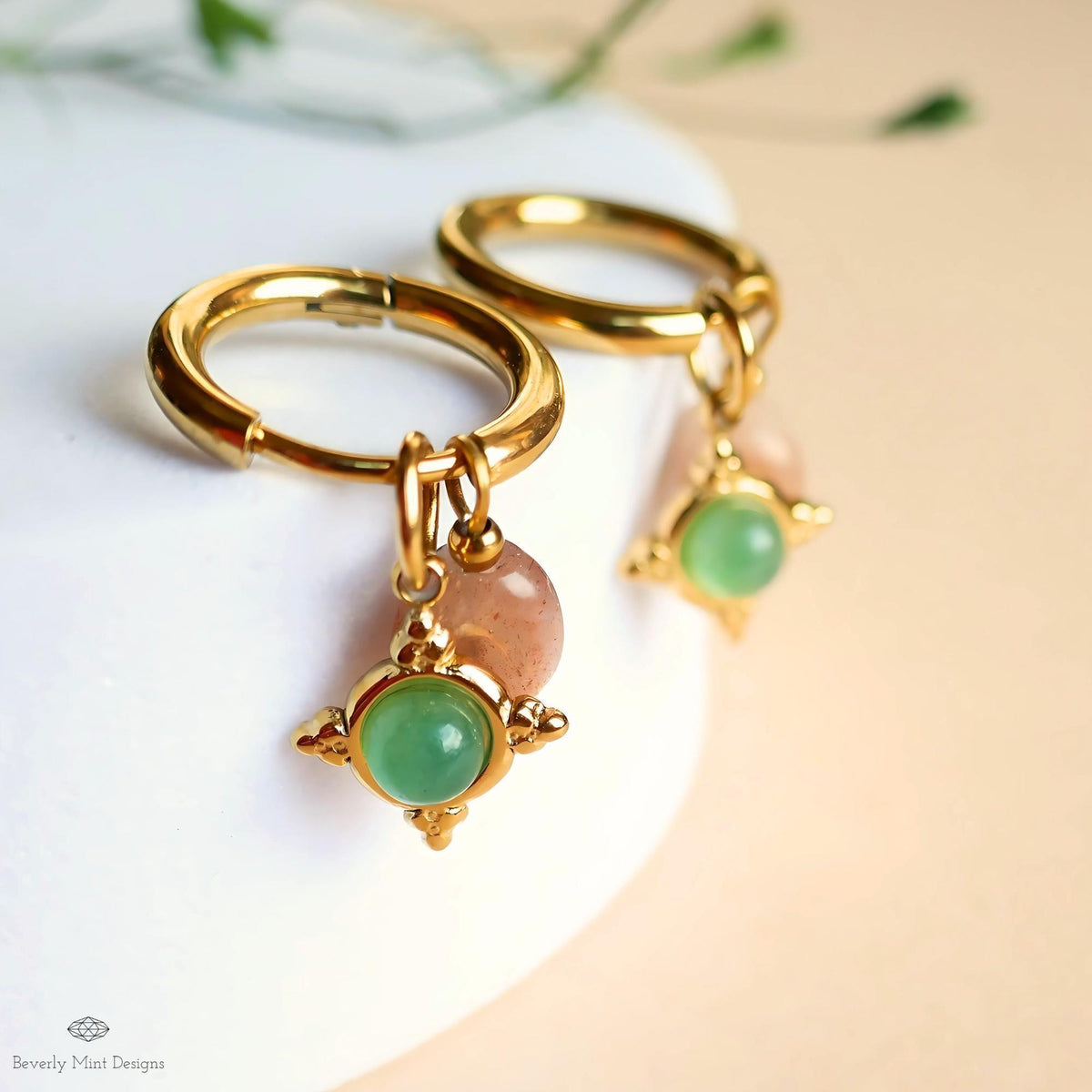 Sunstone and Green Charm Hoops, Gold Huggie Earrings, Dainty Drop Jewelry