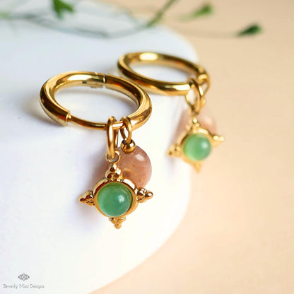 Sunstone and Green Charm Hoops, Gold Huggie Earrings, Dainty Drop Jewelry
