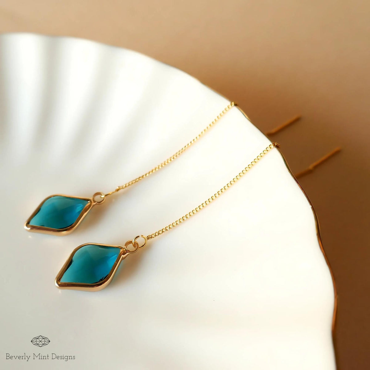 Blue Earrings , Blue Stone Threader Earrings ,Gold Chain Dangle Earrings, Sensitive Ear & Clip-On Options