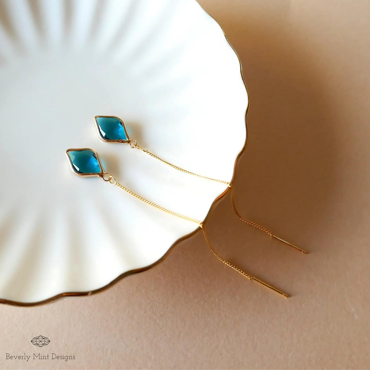 Blue Earrings , Blue Stone Threader Earrings ,Gold Chain Dangle Earrings, Sensitive Ear & Clip-On Options