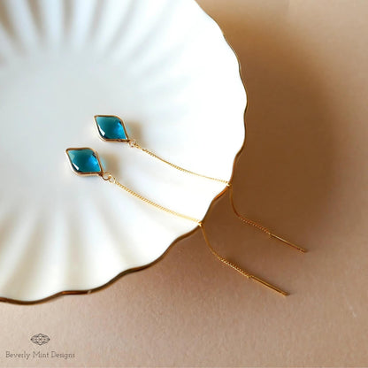 Blue Earrings , Blue Stone Threader Earrings ,Gold Chain Dangle Earrings, Sensitive Ear & Clip-On Options