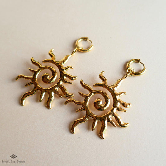 Extra Large Sun Earrings Gold , Spiral Sun Hoops, Celestial Sun Earrings, Statement Sun Earrings, Bold Gold Earrings,  Unique Gift For Her