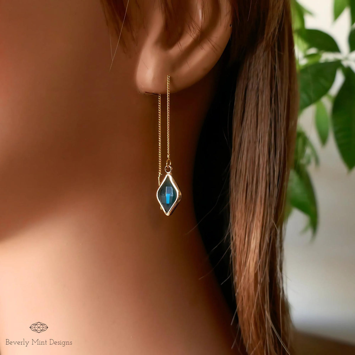 Blue Earrings , Blue Stone Threader Earrings ,Gold Chain Dangle Earrings, Sensitive Ear & Clip-On Options