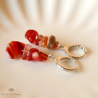Red Agate Dangle Earrings, Orange Earrings Boho Jewelry, Chakras Stones ,Irregular Natural Stone Earrings, Sensitive Ear & Clip-On Options