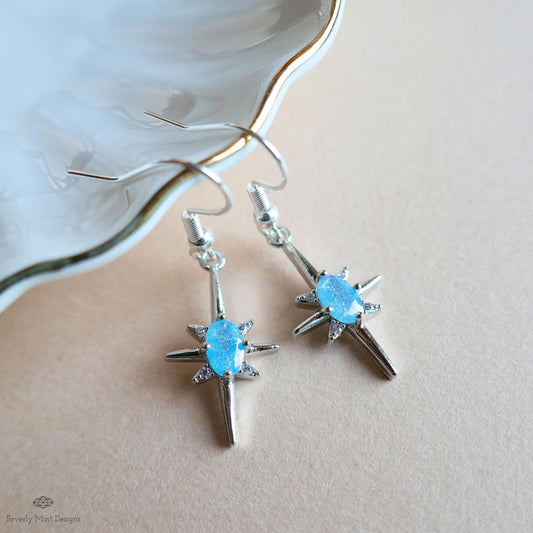 Blue Stone Starburst Earrings, Celestial Drop Earrings, Silver Star Earrings, Cosmic Jewelry, Sensitive Ear & Clip-On Options