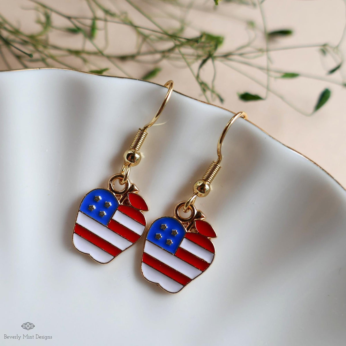 Patriotic Apple Earrings, American Flag Apple Jewelry, Red White Blue Dangle Earrings, 4th of July Earrings, Sensitive Ear & Clip-On Options
