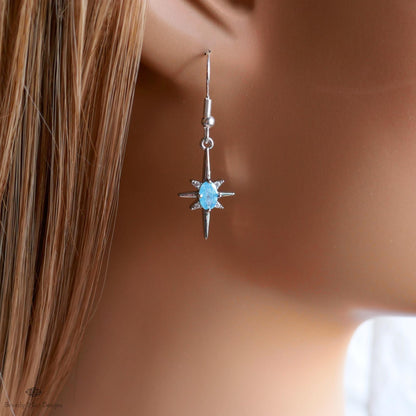 Blue Stone Starburst Earrings, Celestial Drop Earrings, Silver Star Earrings, Cosmic Jewelry, Sensitive Ear & Clip-On Options