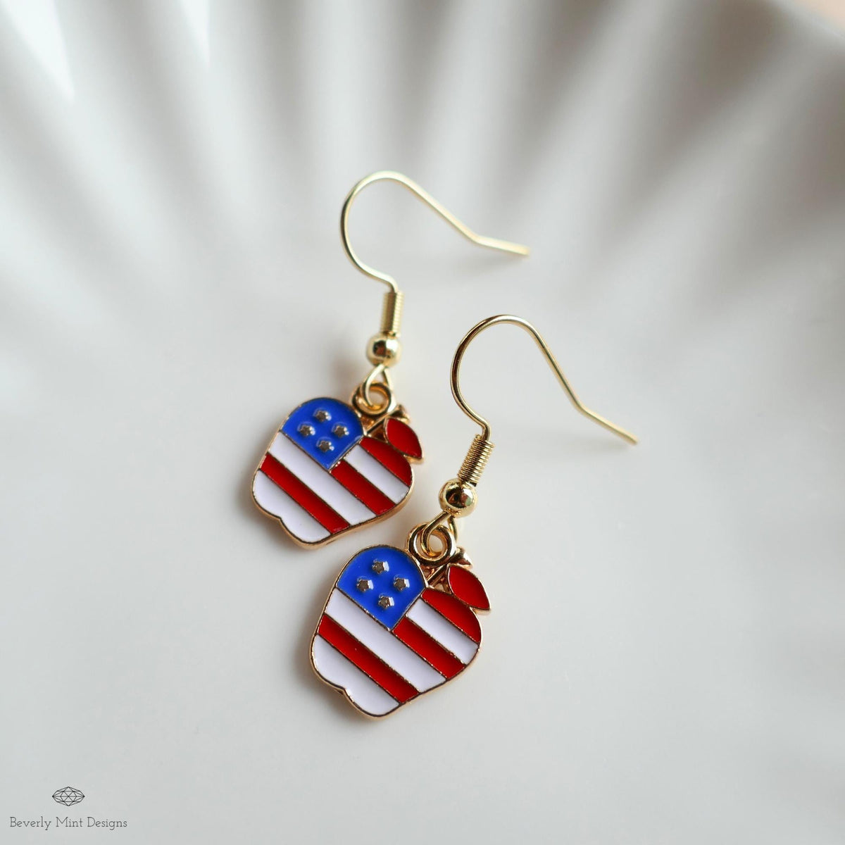 Patriotic Apple Earrings, American Flag Apple Jewelry, Red White Blue Dangle Earrings, 4th of July Earrings, Sensitive Ear & Clip-On Options