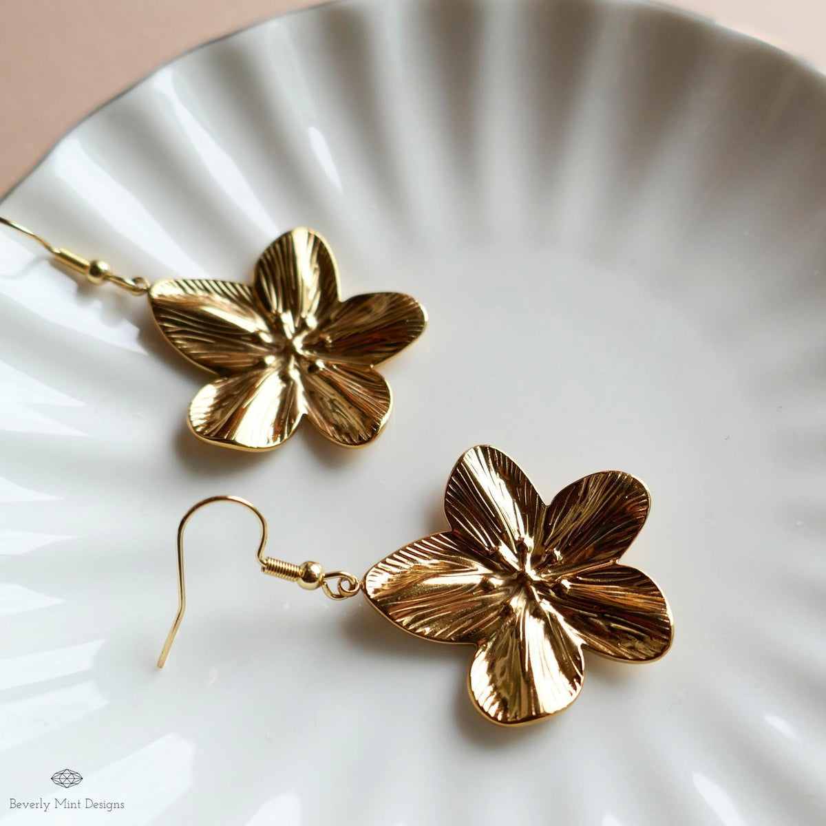 Gold Plumeria Earrings, Tropical Flower Earrings with Heft, Elegant Blossom Dangles, Sensitive Ear & Clip-On Options
