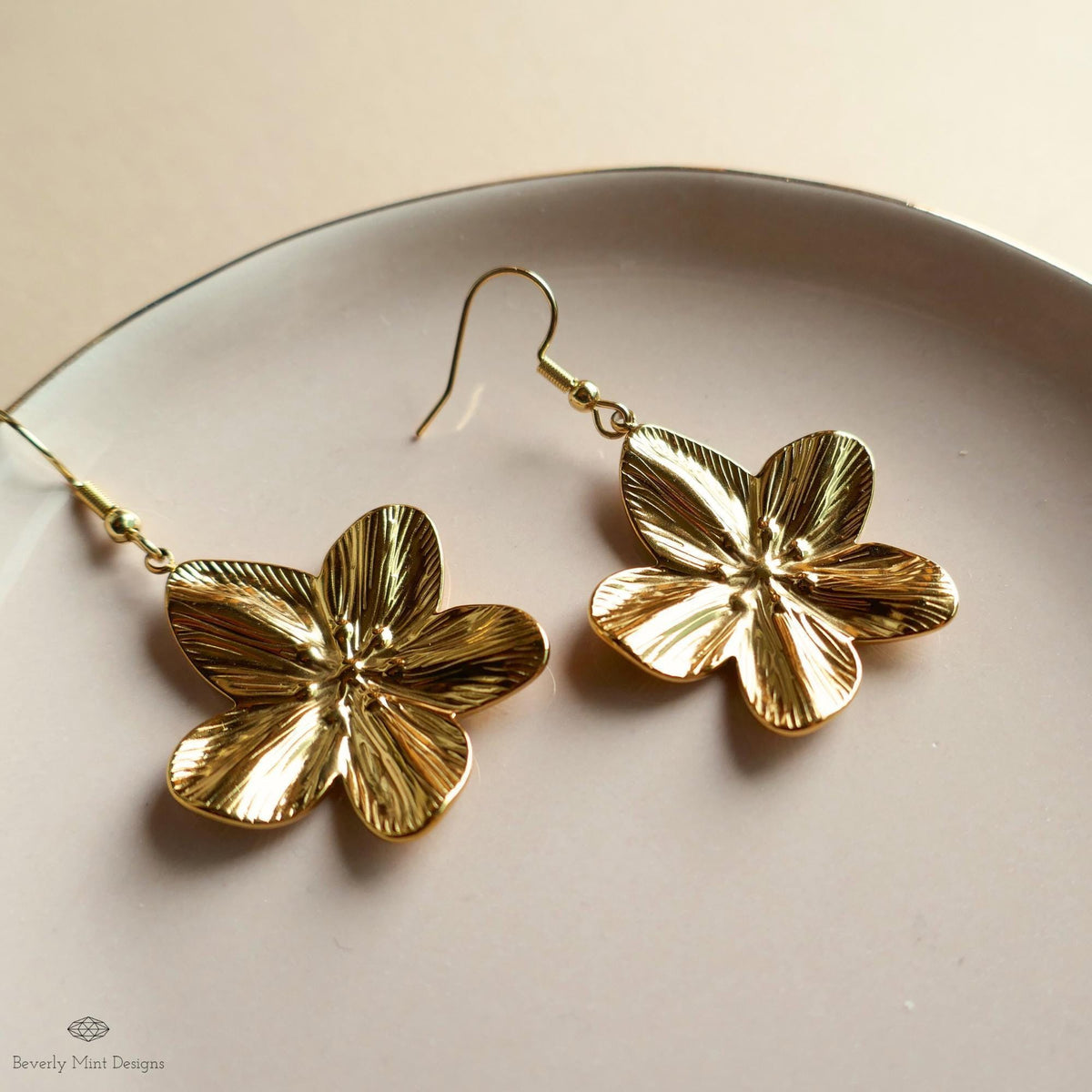 Gold Plumeria Earrings, Tropical Flower Earrings with Heft, Elegant Blossom Dangles, Sensitive Ear & Clip-On Options