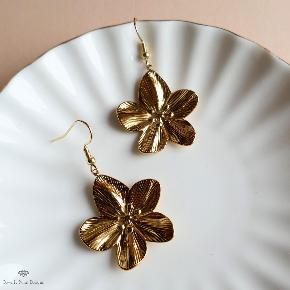 Gold Plumeria Earrings, Tropical Flower Earrings with Heft, Elegant Blossom Dangles, Sensitive Ear & Clip-On Options