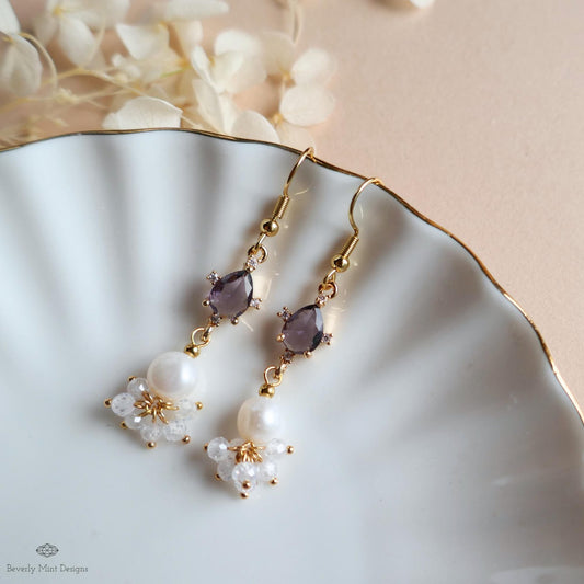 Gold Cluster Drop Earrings, Purple and Pearl Dangle Earrings, Elegant Long Earrings, Sensitive Ear & Clip-On Options