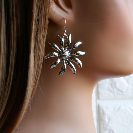 Silver Flower Earrings, Extra Large Statement Earrings, Bold Petal Dangle Earrings, Heavy Floral Jewelry, Sensitive Ear & Clip-On Options