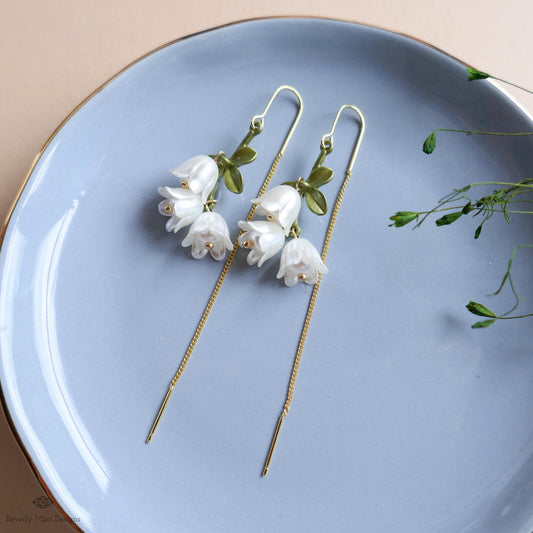 Lily of the Valley Threader Earrings, Nature Inspired Bridal Jewelry, Sensitive Ear & Clip-On Options
