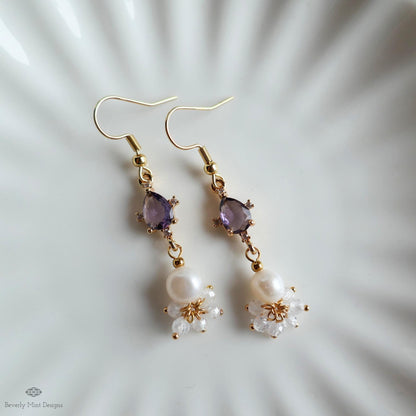 Gold Cluster Drop Earrings, Purple and Pearl Dangle Earrings, Elegant Long Earrings, Sensitive Ear & Clip-On Options