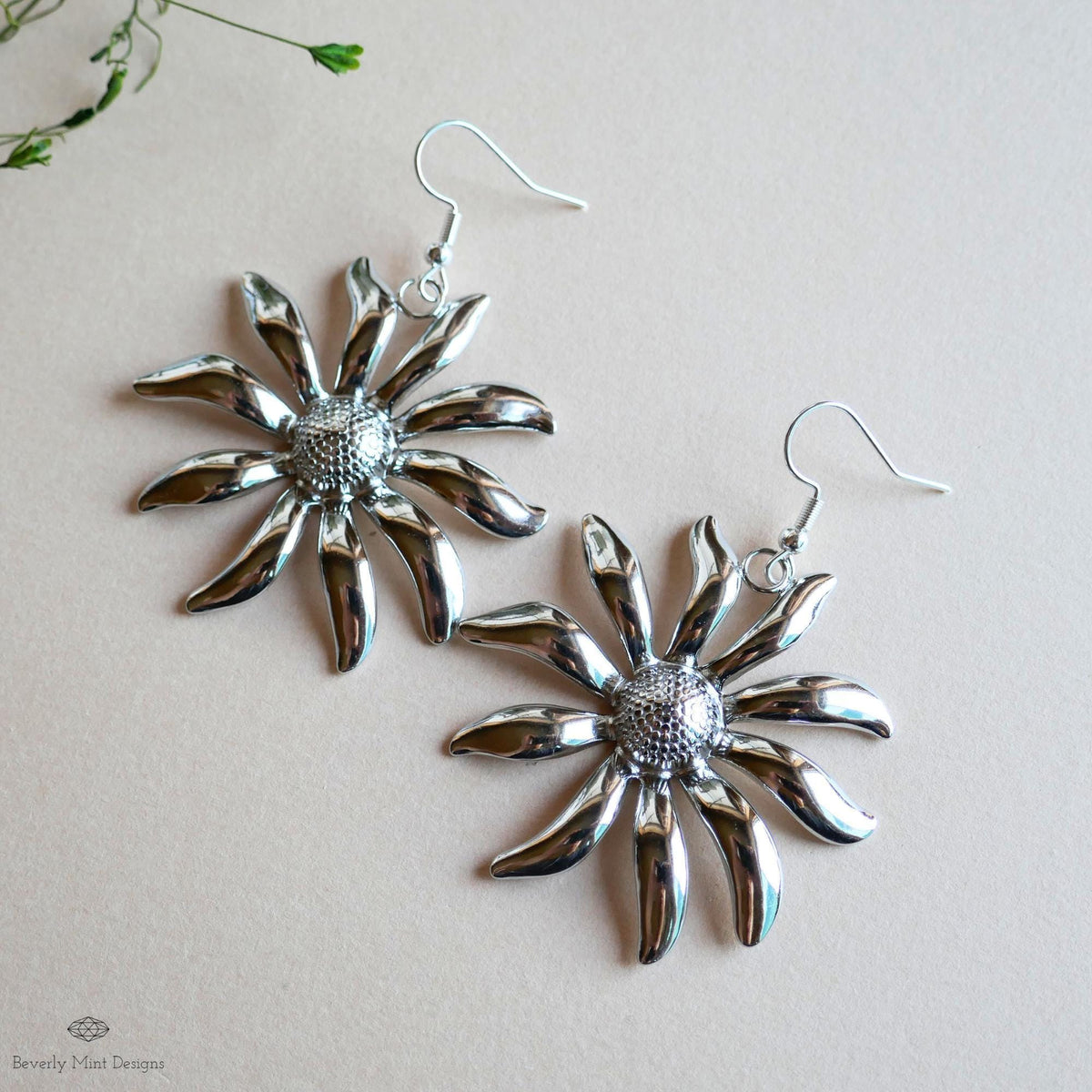Silver Flower Earrings, Extra Large Statement Earrings, Bold Petal Dangle Earrings, Heavy Floral Jewelry, Sensitive Ear & Clip-On Options