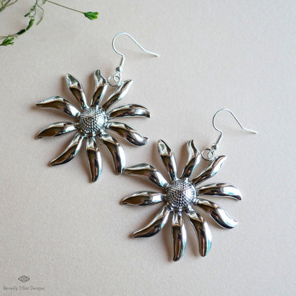 Silver Flower Earrings, Extra Large Statement Earrings, Bold Petal Dangle Earrings, Heavy Floral Jewelry, Sensitive Ear & Clip-On Options