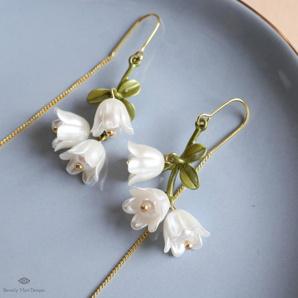 Lily of the Valley Threader Earrings, Nature Inspired Bridal Jewelry, Sensitive Ear & Clip-On Options