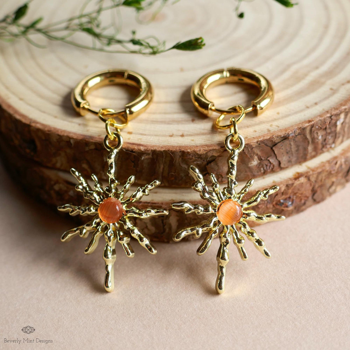 Gold Sunburst Hoop Earrings with Orange Stone, Celestial Statement Jewelry, Chunky Huggie Earrings, Boho Dangle Earrings